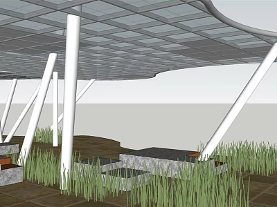 Modern Outdoor Structure Featuring White Pillars Transparent Roof And Grass Near Stone Slabs 3d model