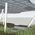 Modern Outdoor Structure Featuring White Pillars Transparent Roof And Grass Near Stone Slabs