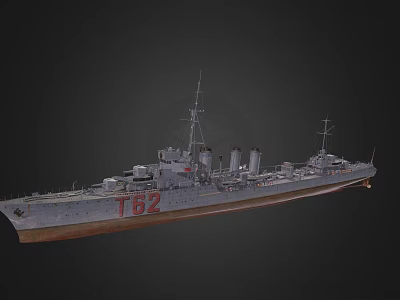 Warship Number 162 Detailed Side View With Gray Hull Masts and Smokestacks 3d model