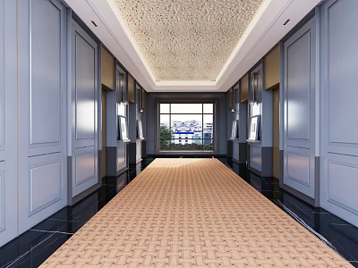 Elegant Hotel Corridor Interior Design With Paneled Walls Carpeted Floor And Decorative Ceiling 3d model