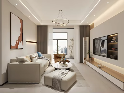 Modern Living and Dining Room Interior with Beige Sofa Coffee Table TV Wall and Chandelier 3d model