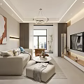 Modern Living and Dining Room Interior with Beige Sofa Coffee Table TV Wall and Chandelier