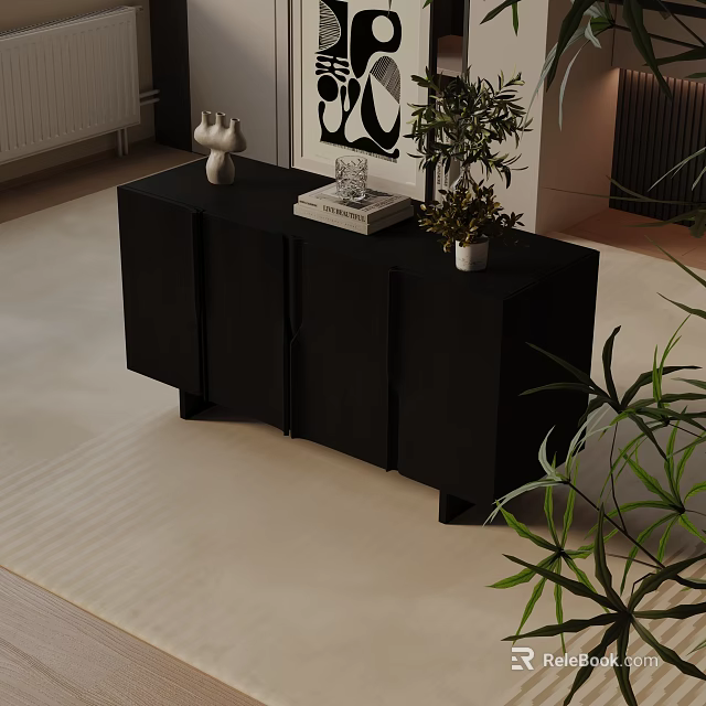 Modern Black Console Cabinet Entryway Design With Decorative Vase Books And Potted Plant 3d model 