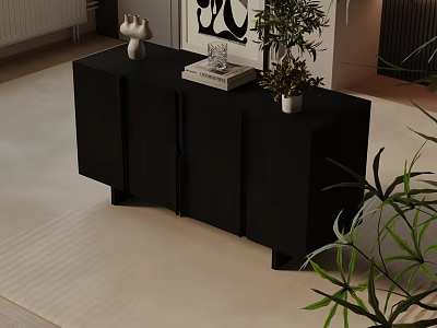 Modern Black Console Cabinet Entryway Design With Decorative Vase Books And Potted Plant 3d model