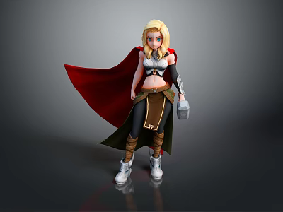 Animated Female Mythical Character With Blonde Hair Red Cape Hammer And Armor 3d model
