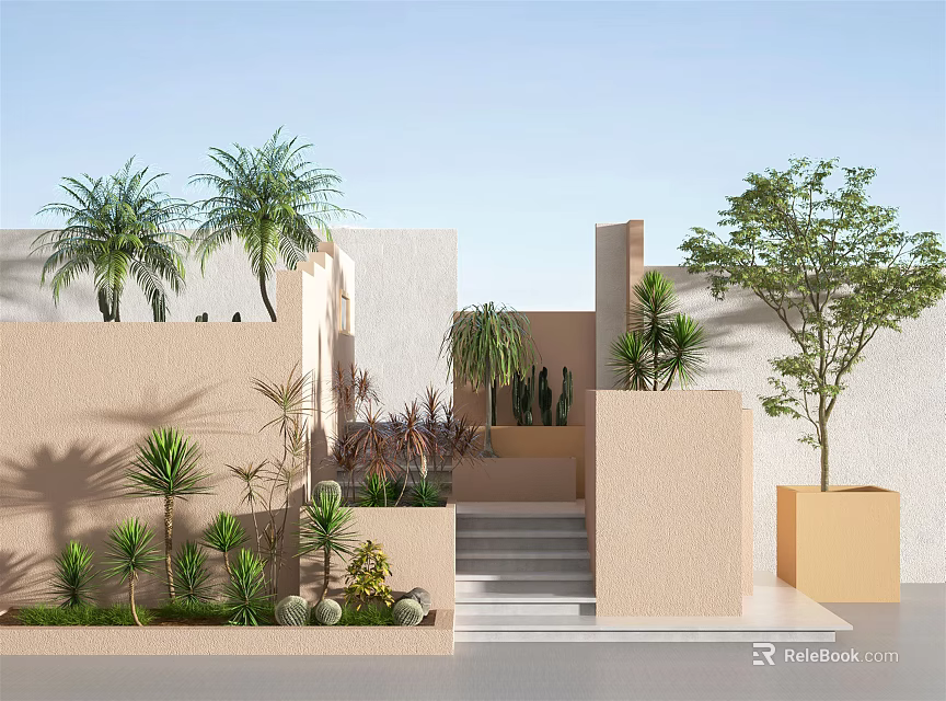 Tall Arbor in Modern Courtyard with Beige Walls Steps Palm Trees Shrubs and Sunlight 3d model 