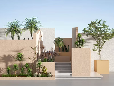 Tall Arbor in Modern Courtyard with Beige Walls Steps Palm Trees Shrubs and Sunlight 3d model