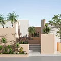 Tall Arbor in Modern Courtyard with Beige Walls Steps Palm Trees Shrubs and Sunlight