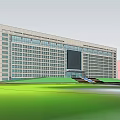 Modern Multi Story Office Building With Glass Curtain Wall And Green Lawn Exterior