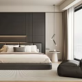 Modern Minimalist Bedroom Interior Design With Dark Wall Large Bed And Hanging Lamp