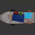 Small Blue And White Watercraft With Blue Roofed Cabin Red Green Barrels And Orange Lifebuoy