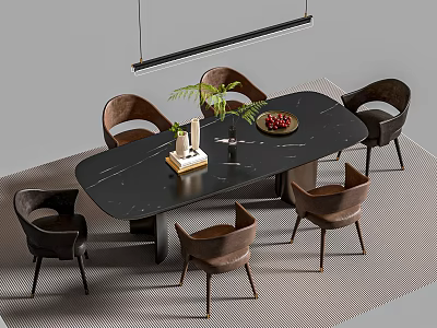 Modern Dining Room Table Set With Black Marble Top Brown Chairs And Decorative Plants 3d model