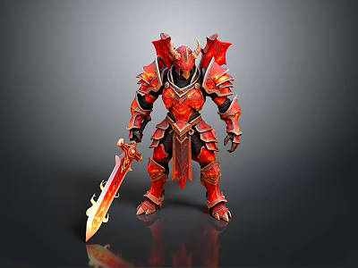 Man In Red Dragon Horned Armor Holding Flaming Sword With Ornate Design 3d model