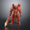 Man In Red Dragon Horned Armor Holding Flaming Sword With Ornate Design