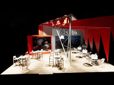 Y Design Exhibition Hall Interior With Red Walls Tables And White Chairs Layout 3d model