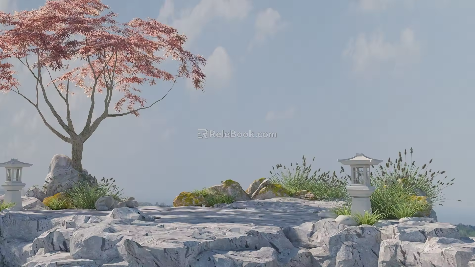 Peak grass trees stone lamp platform 3d model