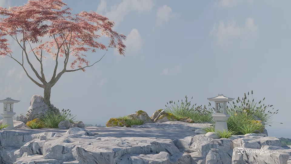 Scenic Natural Area With Stone Paved Ground Wood Trunk Cherry Blossom Tree And Stone Lantern 3d model 