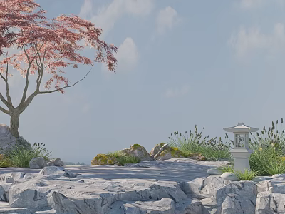 Scenic Natural Area With Stone Paved Ground Wood Trunk Cherry Blossom Tree And Stone Lantern 3d model