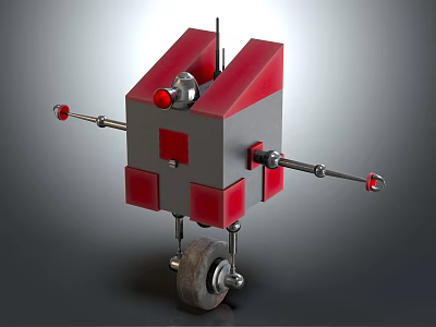 Mechanical Robot Creature with Red Gray Block Structure Mechanical Arms Red Sensors and Wheels 3d model