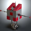 Mechanical Robot Creature with Red Gray Block Structure Mechanical Arms Red Sensors and Wheels