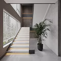 Modern Staircase Interior With Large Windows Blinds Palm Plant And Lighting