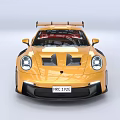 Yellow Sports Car with Rear Spoiler Black Accents Red Brake Calipers and Blue RACING Lettering