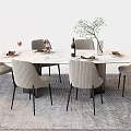 Modern Marble Top Dining Table Set With Gray Upholstered Chairs Wine Bottle Plant Tableware 3d model