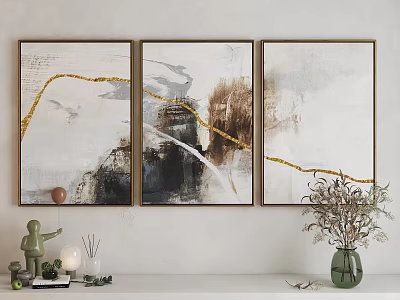 Abstract Painting Triptych With Golden Lines Brown Black White Tones Modern Minimalist Wall Art 3d model