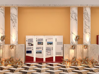 Elegant Event Hall With Marble Columns Yellow Walls Display Boards Floral Decor And Geometric Floor 3d model