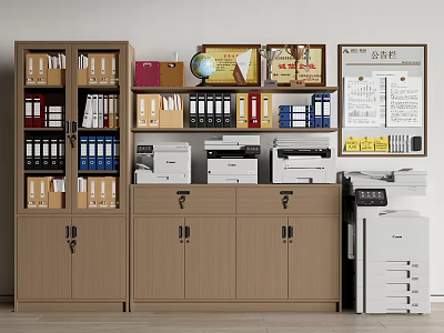 Office Appliances Setup With Printers Copiers Filing Cabinets And Bulletin Board 3d model