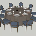 Elegant Round Dining Table Set With Blue Upholstered Chairs Wooden Legs And Dinnerware 3d model