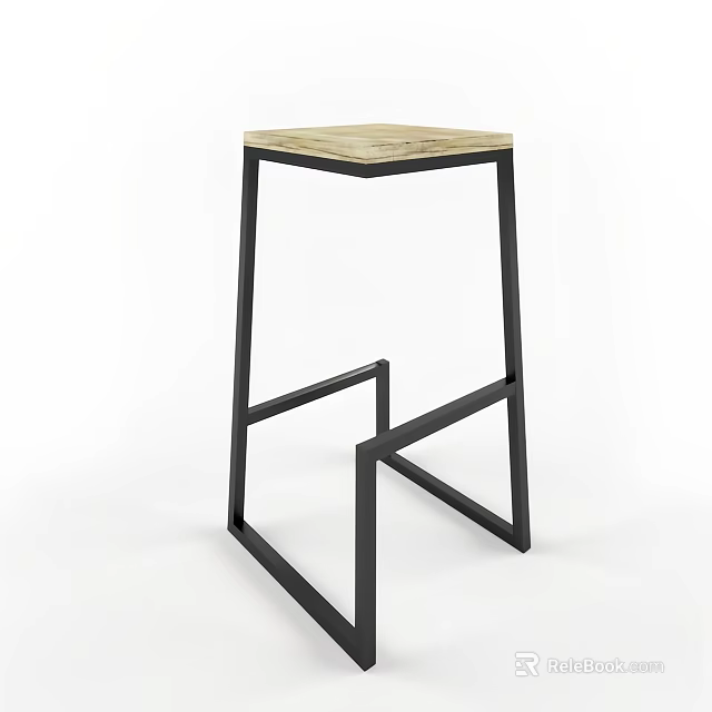 Modern Bar Stool With Wooden Square Seat And Black Metal Frame Design 3d model 