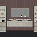 Modern Bathroom Vanity With Double Sinks Gold Framed Mirror Illuminated Cabinets And Vertical Striped Wall