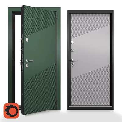Modern Green And Gray Swing Doors With Perforated Mesh Design For Home 3d model