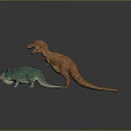 Realistic Brown Tyrannosaurus Rex and Turquoise Triceratops Dinosaur Models on Gray Background