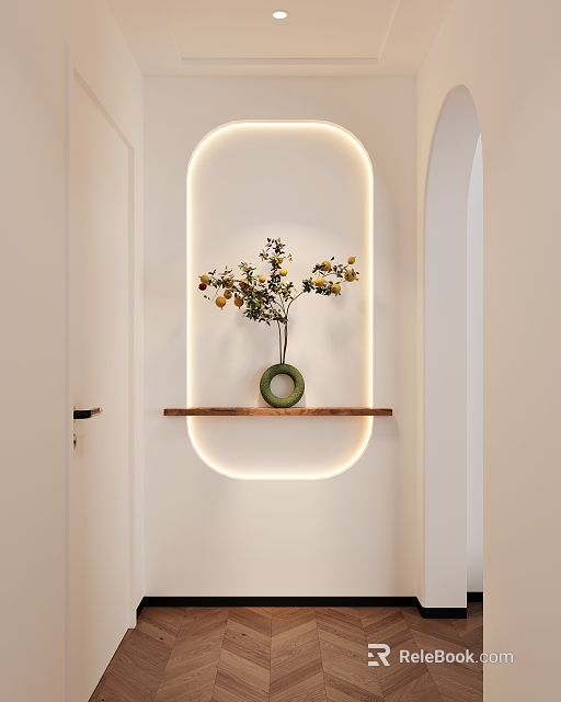 Stylish Entryway Hallway With Oval Backlit Niche Wooden Shelf Green Vase And Yellow Flowering Plant 3d model 