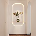 Stylish Entryway Hallway With Oval Backlit Niche Wooden Shelf Green Vase And Yellow Flowering Plant