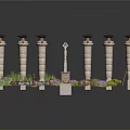 Classical Garden Scene With Decorative Columns Statue Purple Flowers And Paving Stones