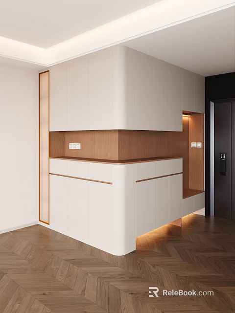Sleek Modern Entryway Side Cabinet Design With White Finish Wooden Panel And LED Lighting 3d model 