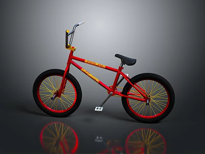 Red Bicycle With Yellow Graphics Black Seat And Yellow Spoke Wheels On Gray Background 3d model