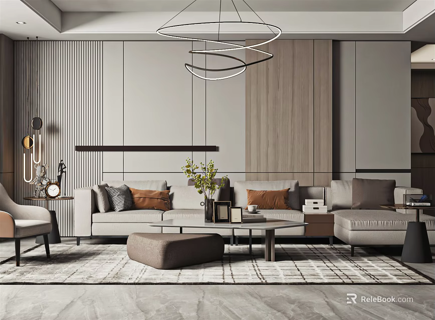 Modern Living Room Interior Design With Sofa Coffee Table Rug And Chandelier 3d model 