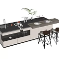 Stylish Bar Counter With Wooden Black Top Two Stools Plant Fruit And White Cabinets