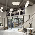 Cozy Modern Café Interior With Staircase Hanging Cloud Lights White Counter And Seating Area