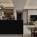 Modern Living and Dining Room Interior With Wooden Furniture Chandelier And Decorative Paintings