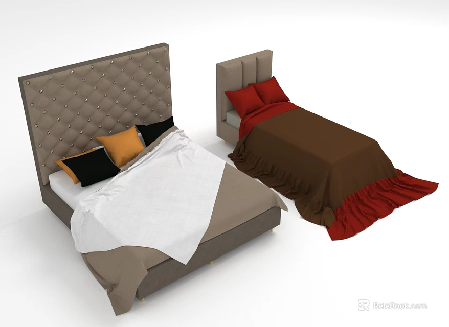 Double Bed with Tufted Headboards Black Orange Red Pillows White Brown Bedspread and Fringed Details 3d model 