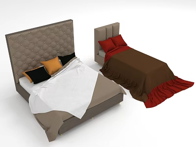 Double Bed with Tufted Headboards Black Orange Red Pillows White Brown Bedspread and Fringed Details 3d model