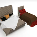 Double Bed with Tufted Headboards Black Orange Red Pillows White Brown Bedspread and Fringed Details