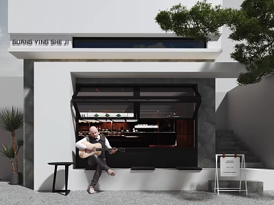Roasting Style Cafe Storefront Featuring White Building Open Window Outdoor Guitarist and Menu Board 3d model