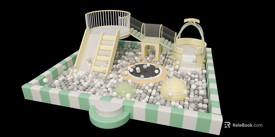 Fun Playground Equipment With Ball Pit Slide Railing And Green White Striped Border 3d model 