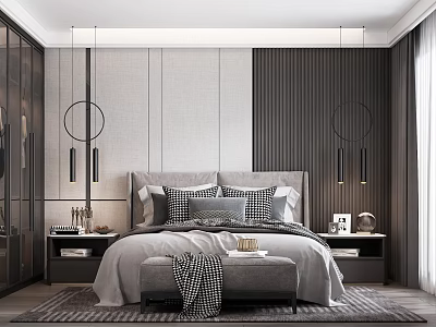 Modern Bedroom Interior With Gray Bed Pillows Paneled Wall Circular Pendant Lights And Bench 3d model